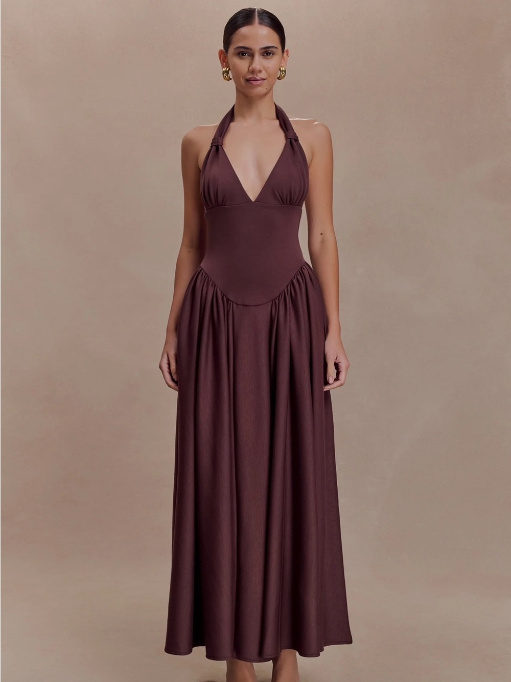 Meshki Angelina Scuba Halter Midi Dress - Chocolate
